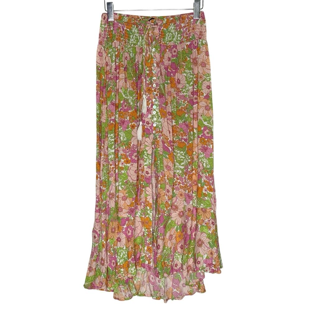 Rachel Zoe Smock Waist Bohemian Midi Peasant Skirt L Retro Floral Flowy Boho